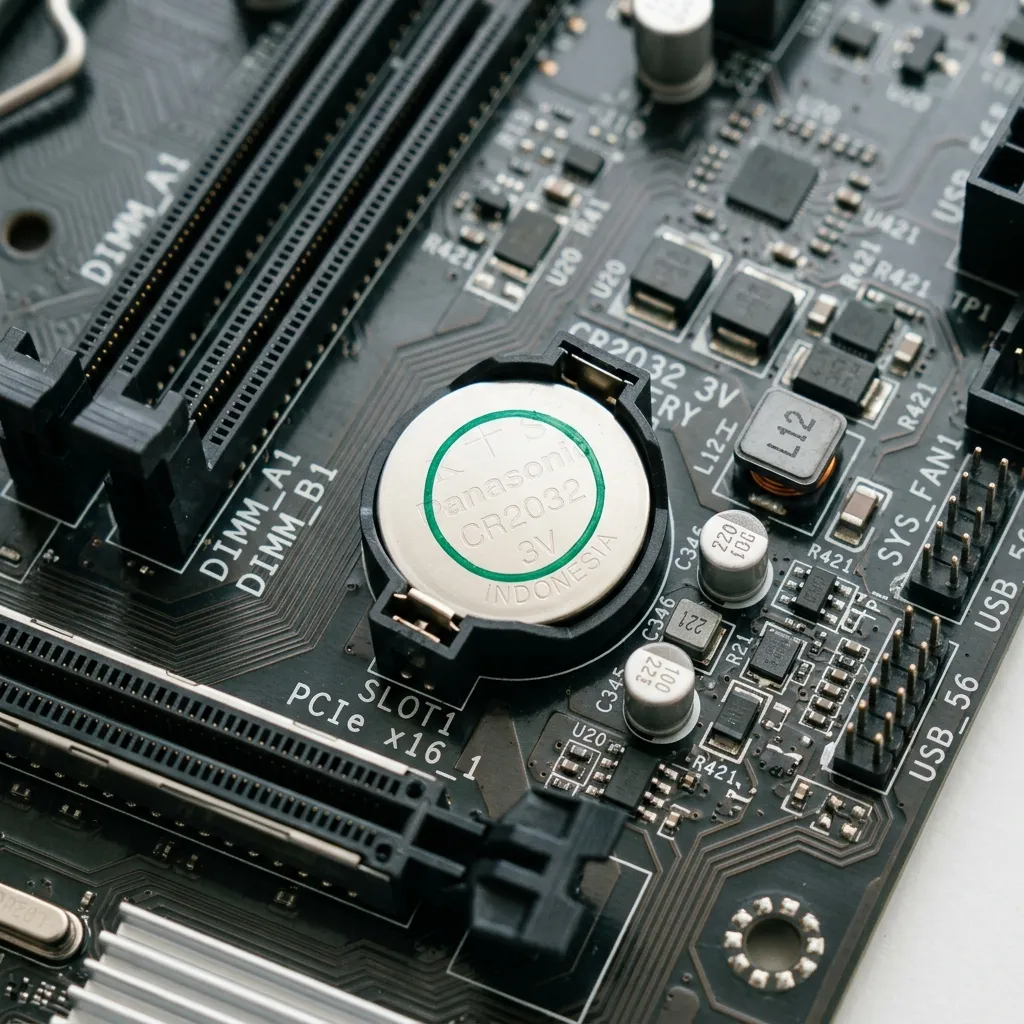 CMOS-batteri markerat på moderkortet i en rund hållare bredvid PCIe-platserna i en stationär dator