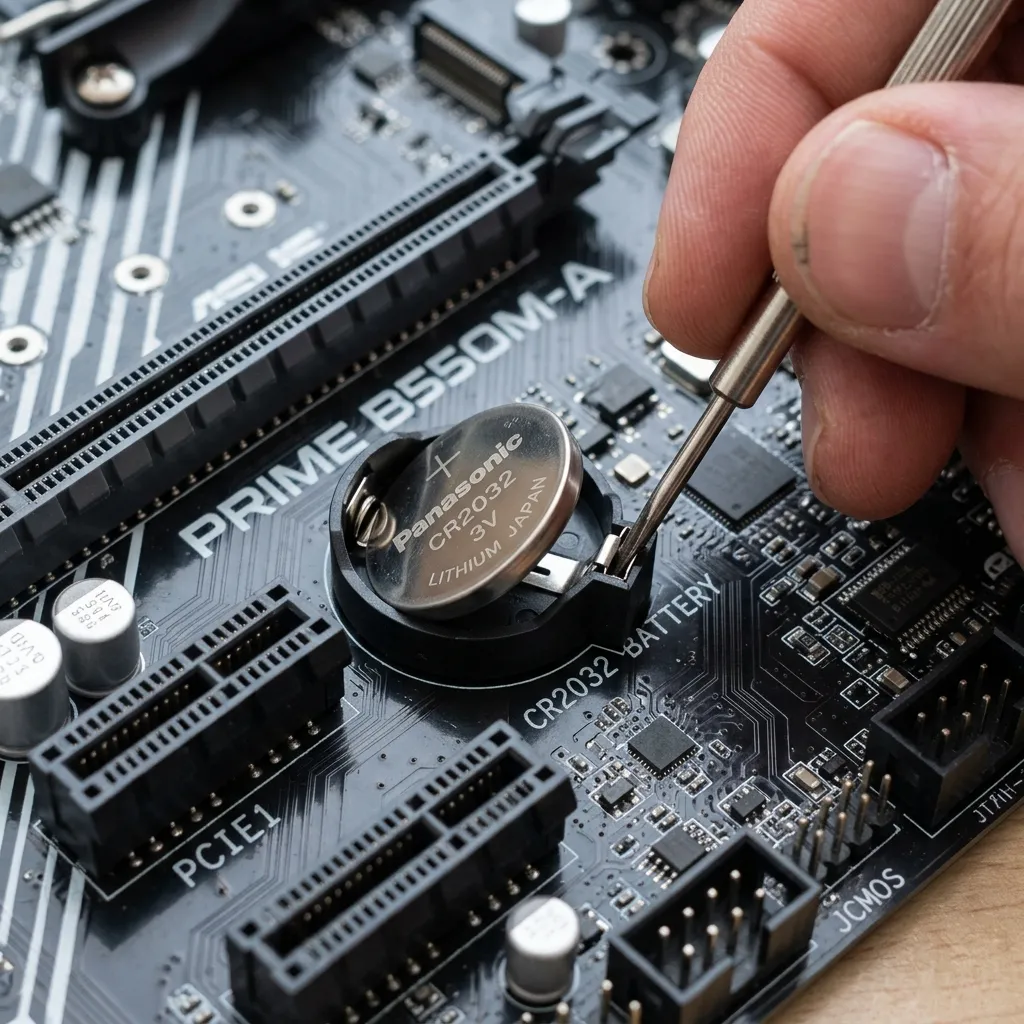 Närbild på borttagning av CMOS-batteriet med skruvmejsel som lossar metallklämman i hållaren