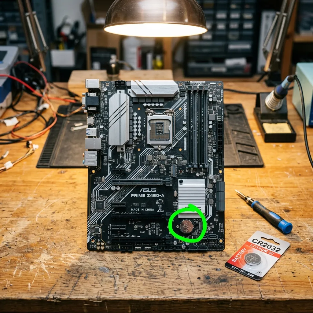 Ett moderkort med ett tydligt markerat CMOS-batteri i silvrigt myntformat och en hand som håller ett nytt batteri bredvid