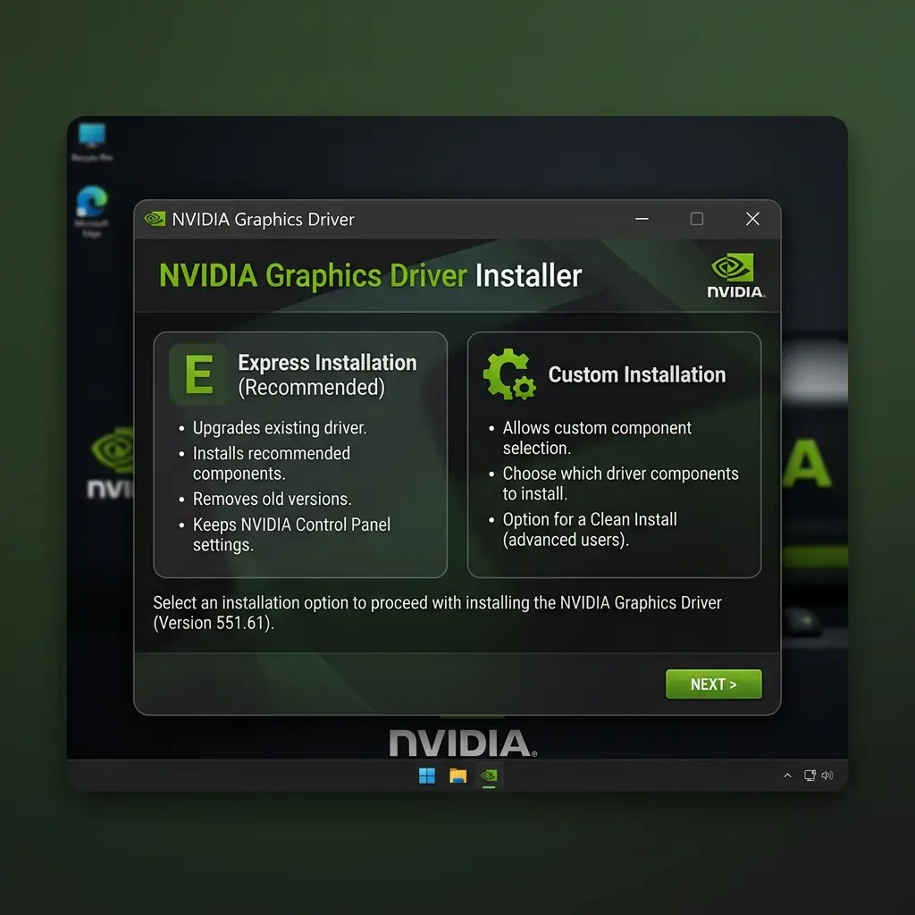 NVIDIA-drivrutinsinstalleraren på skärmen — Redo att installera med Express- och Anpassad-alternativ