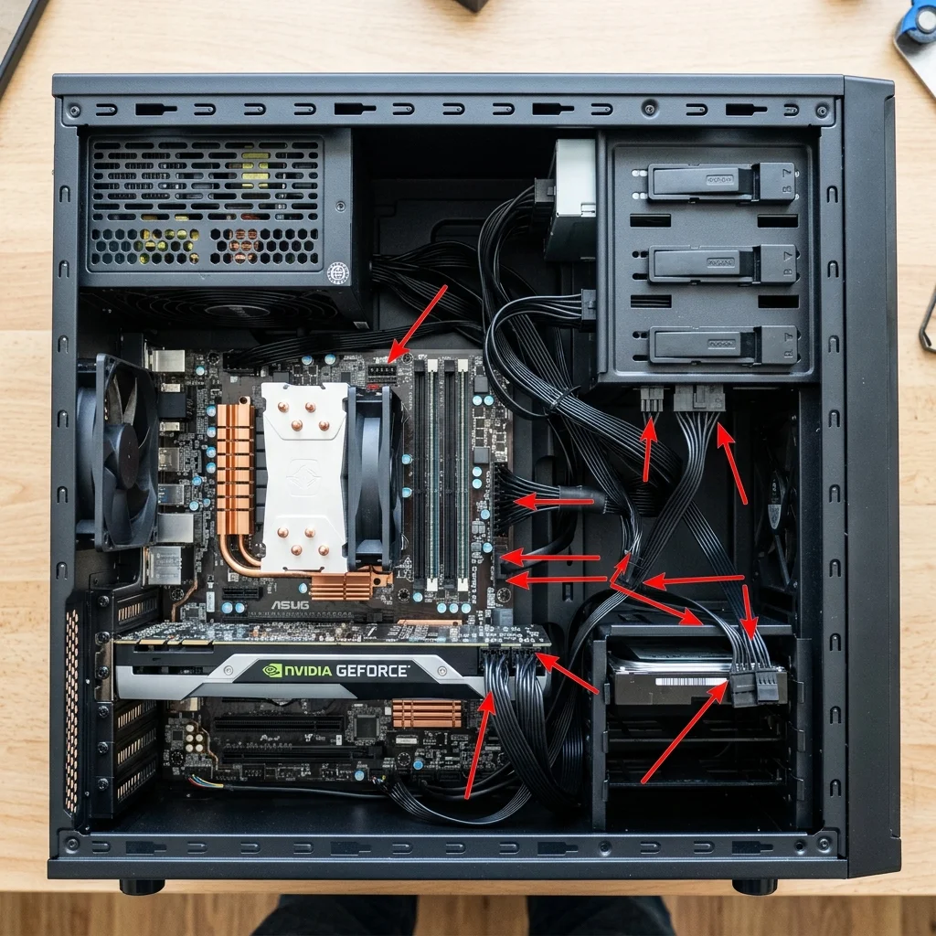 Ett nyinstallerat nätaggregat i botten av ett datorchassi med kablar dragna bakom moderkortsplåten