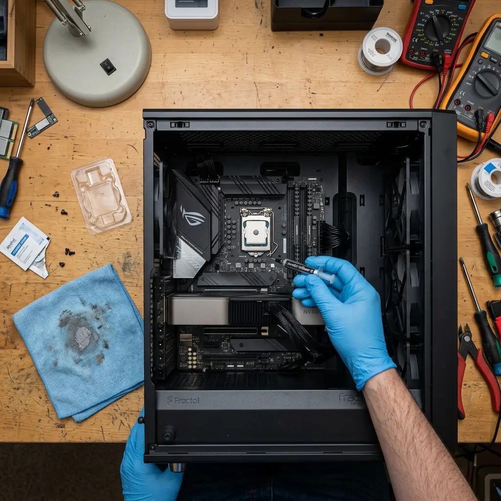 Händer i antistatiska handskar som applicerar en liten prick kylpasta på en processor — öppnad dator på verkstadsbord
