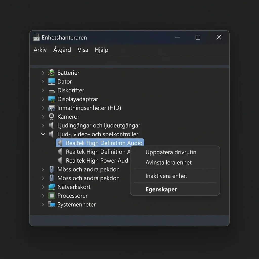 Enhetshanteraren i Windows där kategorin Ljud-, video- och spelkontroller är expanderad