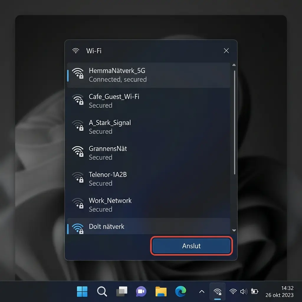 Windows 11 Wi-Fi-nätverkslista med Dolt nätverk markerat längst ner och Anslut-knappen