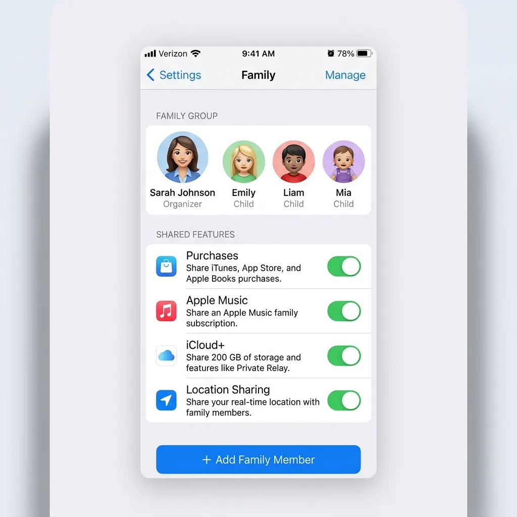 Familjedelning på iPhone med familjemedlemmar listade och delade abonnemang synliga i Inställningar