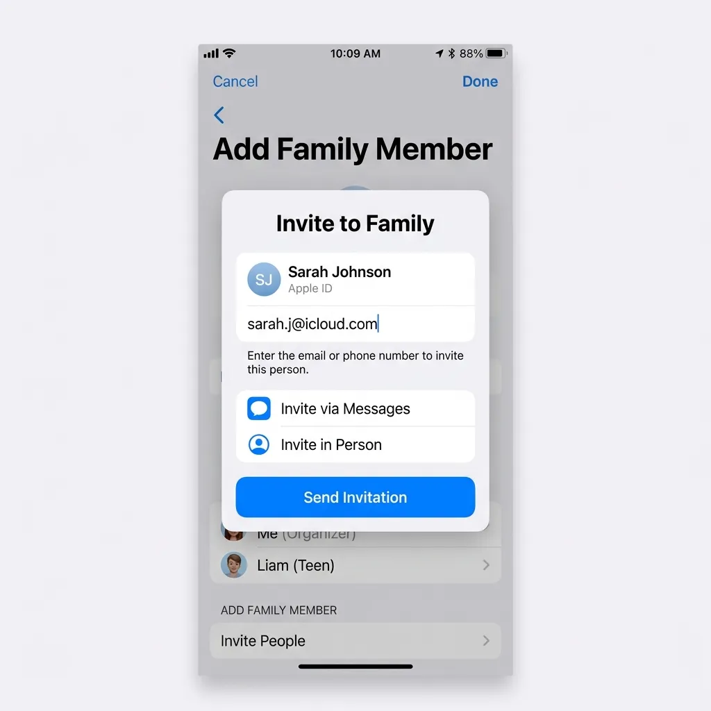 Inbjudningsvy på iPhone som visar en Familjedelningsinbjudan med familjegruppens namn och fördelarna med att gå med