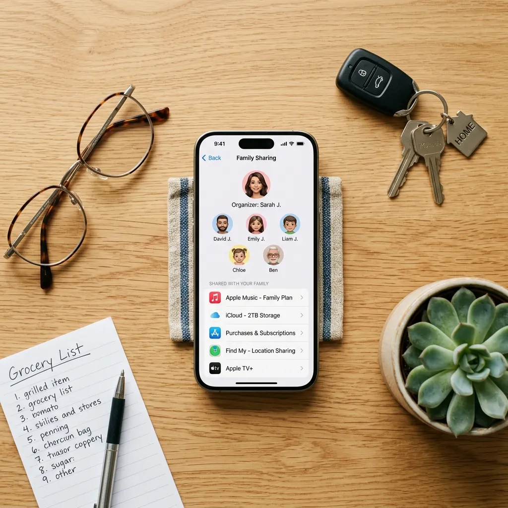 En iPhone som visar Familjedelningsinställningar med familjemedlemmar listade och delade abonnemang synliga