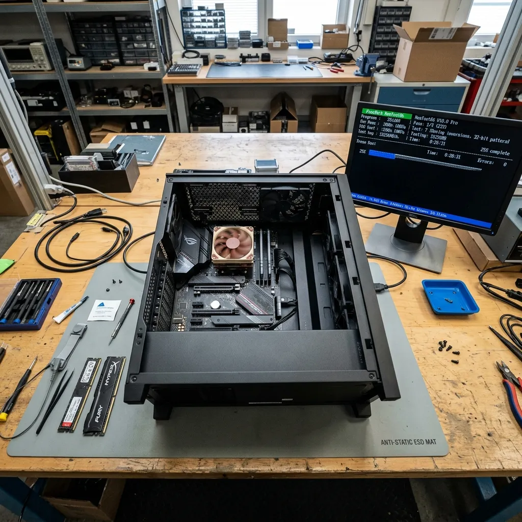 En öppnad stationär dator på arbetsbord — RAM-moduler bredvid, monitor visar MemTest86