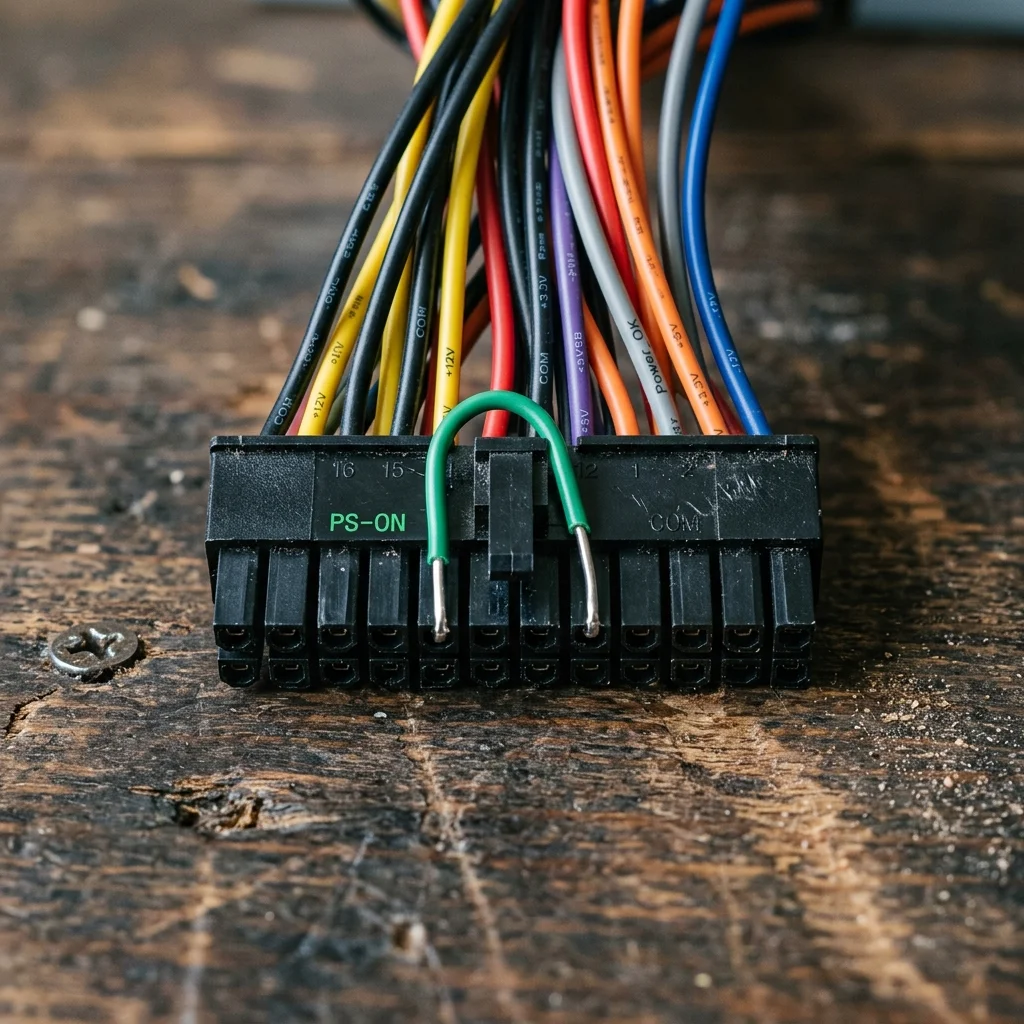 En illustration som visar hur man byglar en 24-pin kontakt med ett gem mellan grön och svart pin