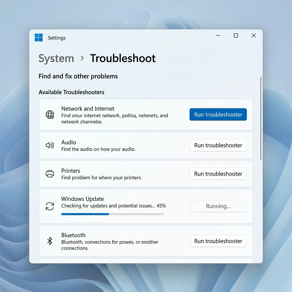 Windows 11 felsökningspanel med lista över tillgängliga felsökare och en Kör-knapp bredvid varje kategori
