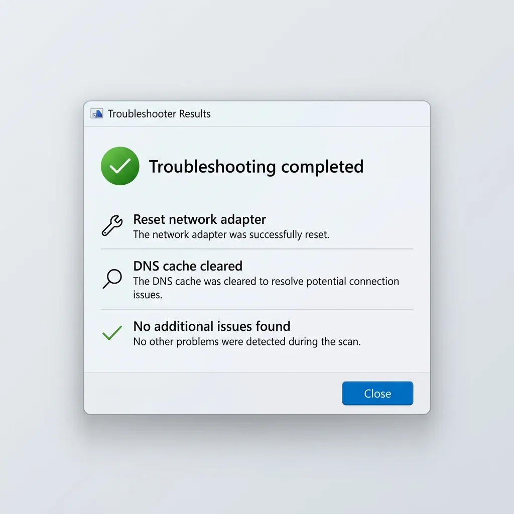 Windows felsökningsresultat som visar att ett problem har identifierats och åtgärdats automatiskt med en grön bockmarkering