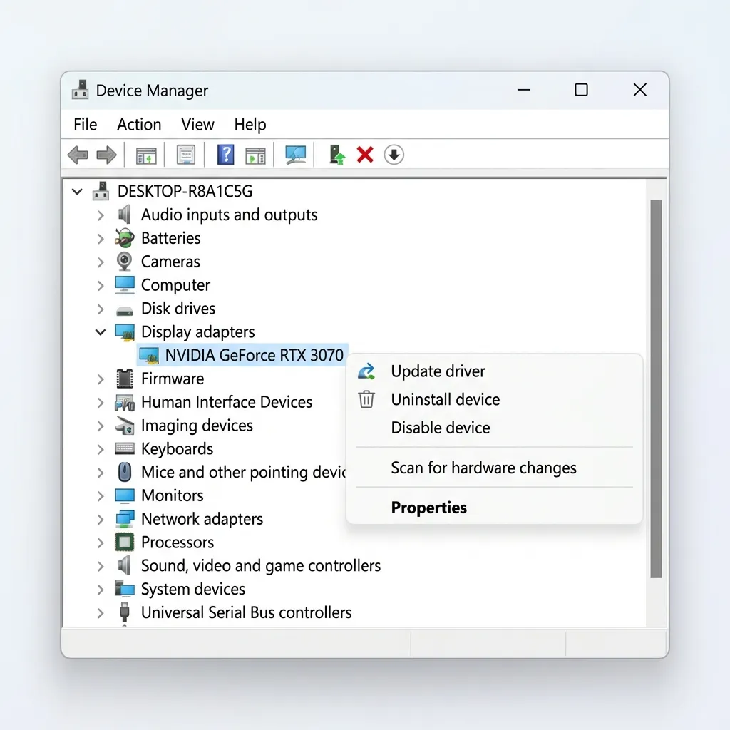 Windows Enhetshanteraren som visar grafikkortet under Bildskärmskort med högerklicksmenyn Uppdatera drivrutin