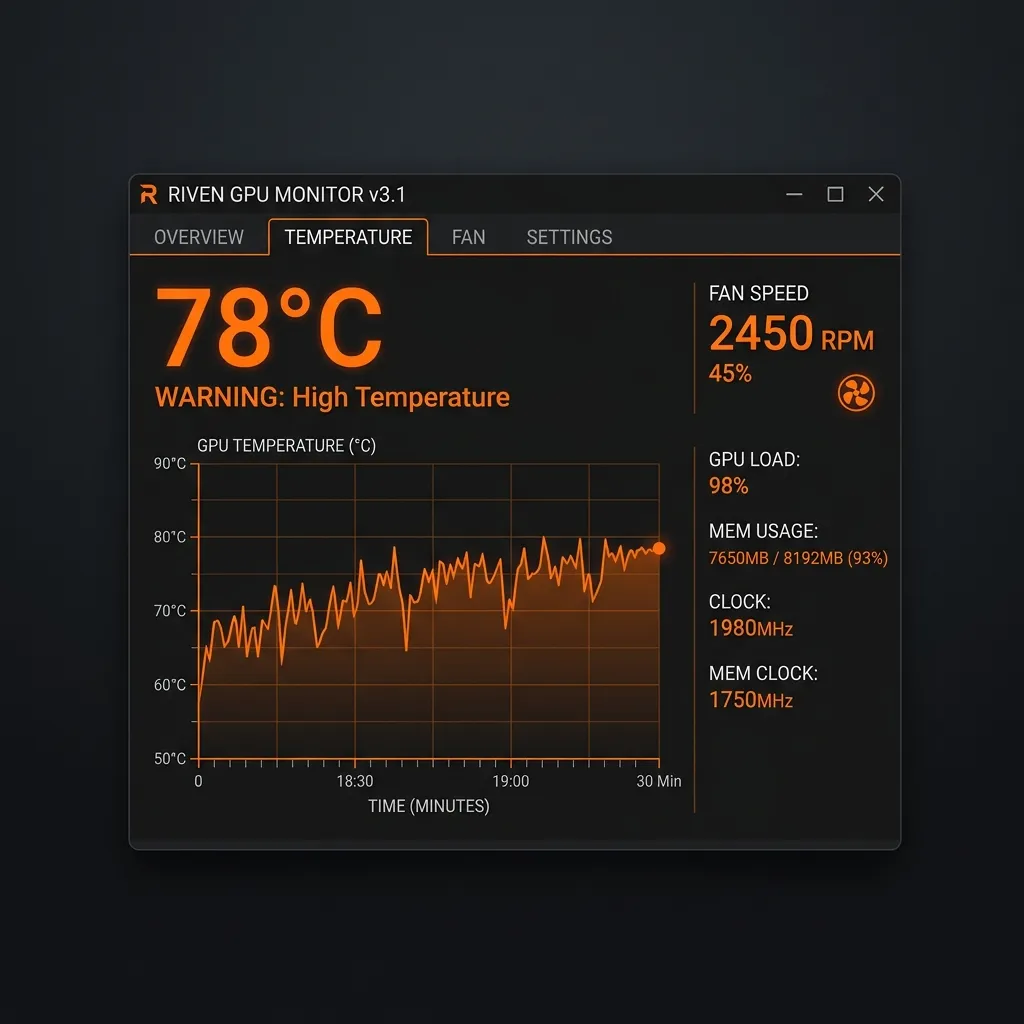 Temperaturövervakning som visar grafikkortets temperatur, fläkthastighet och belastning i en instrumentpanel