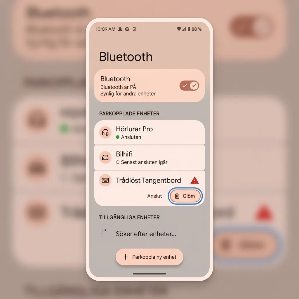 Android 15 Bluetooth-inställningar med en parkopplad enhet som har en varningstriangel och Glöm-knappen markerad