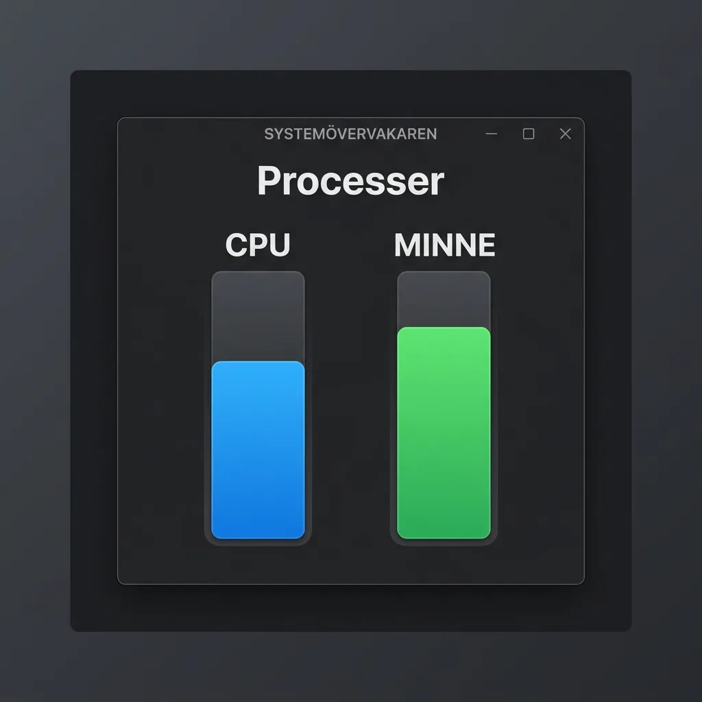 Systemövervakningsprogram som visar aktuella processer och staplar för CPU- och minnesanvändning