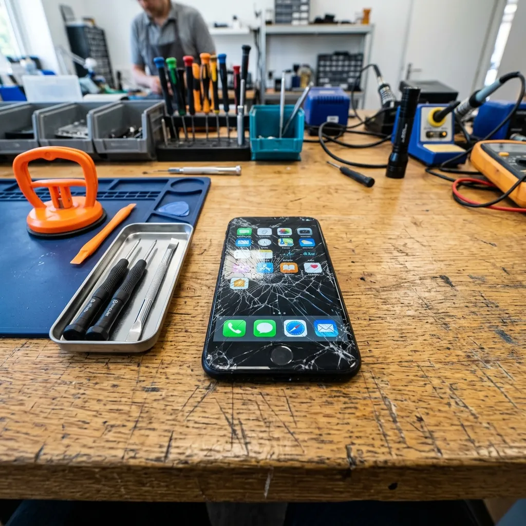 En smartphone med sprucken skärm på ett arbetsbord — ett reparationskit med sugkopp och skruvmejslar bredvid