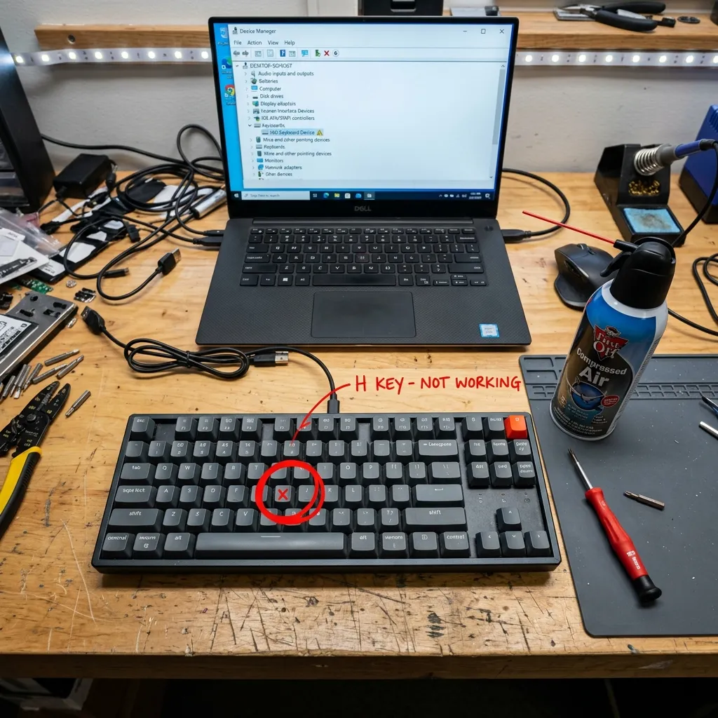 Ett tangentbord på ett skrivbord med en trasig tangent inringad i rött — tryckluft och skruvmejsel bredvid