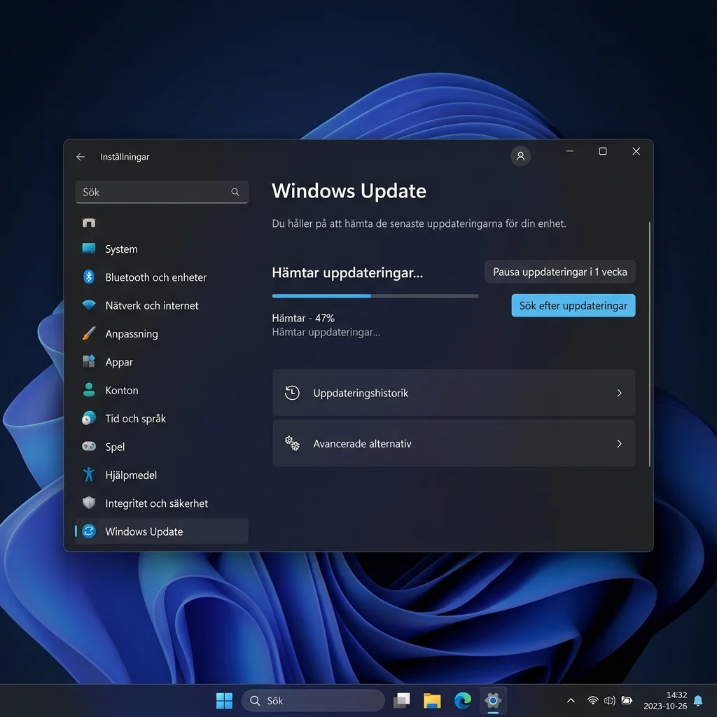 Windows Update-inställningar som visar att en uppdatering har fastnat på 47 procent