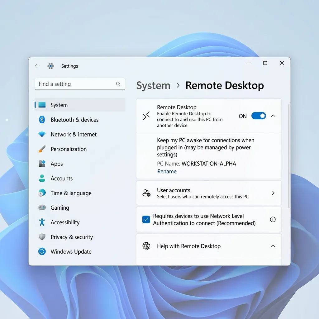 Windows 11 Inställningar med System > Fjärrskrivbord öppet och växeln aktiverad för att slå på fjärranslutning