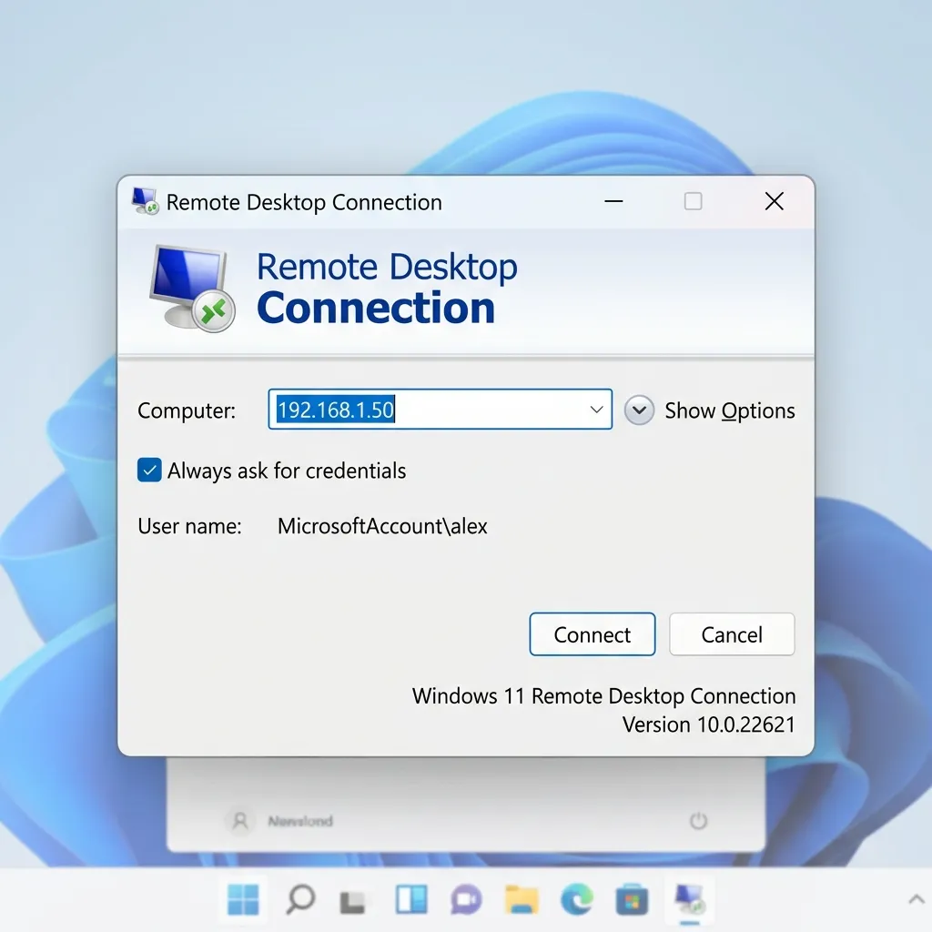Anslutning till fjärrskrivbord-appen i Windows 11 med en aktiv anslutning till en fjärrdator som visar skrivbordet