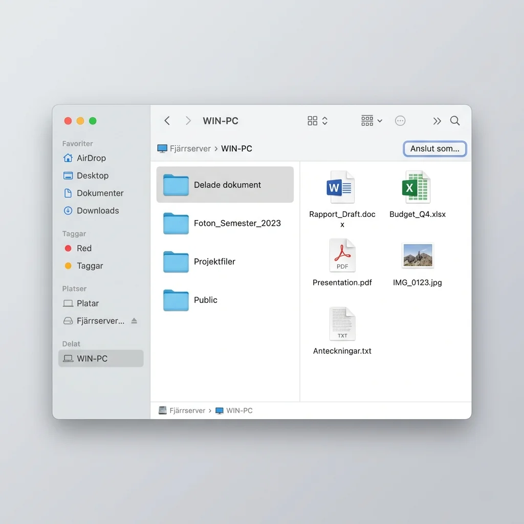 Finder på Mac med en delad nätverksmapp synlig i sidofältet