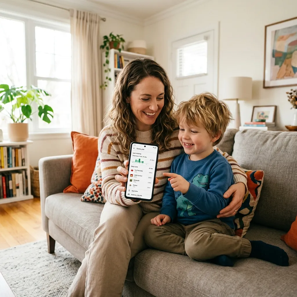 En förälder som tittar på sin Android-telefon tillsammans med sitt barn — Family Links gränssnitt syns på skärmen