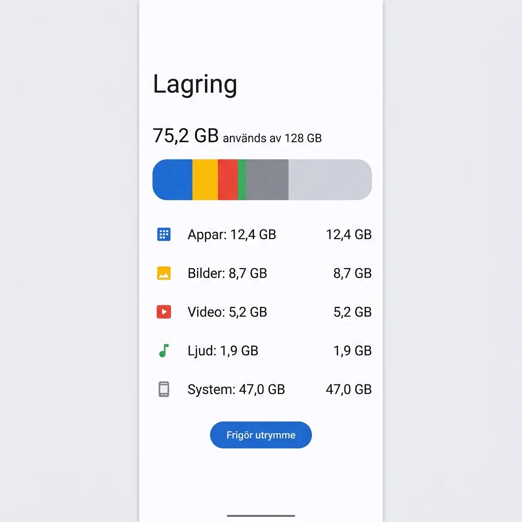 Android lagringsinställningar med stapeldiagram över utrymmet — appar, bilder, video, ljud, system och övriga filer