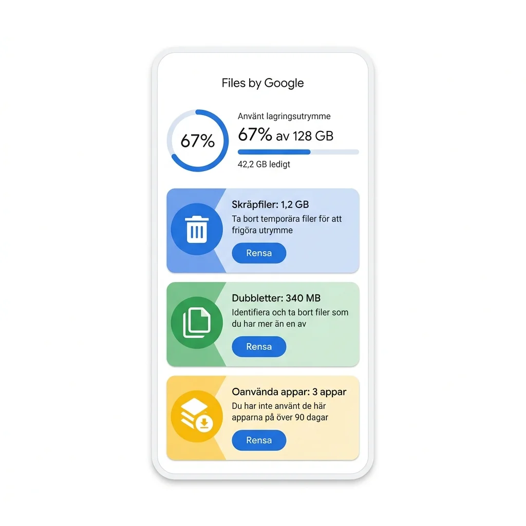Files by Google-appen som visar rensningsförslag med kategorier som skräpfiler, dubbletter och oanvända appar
