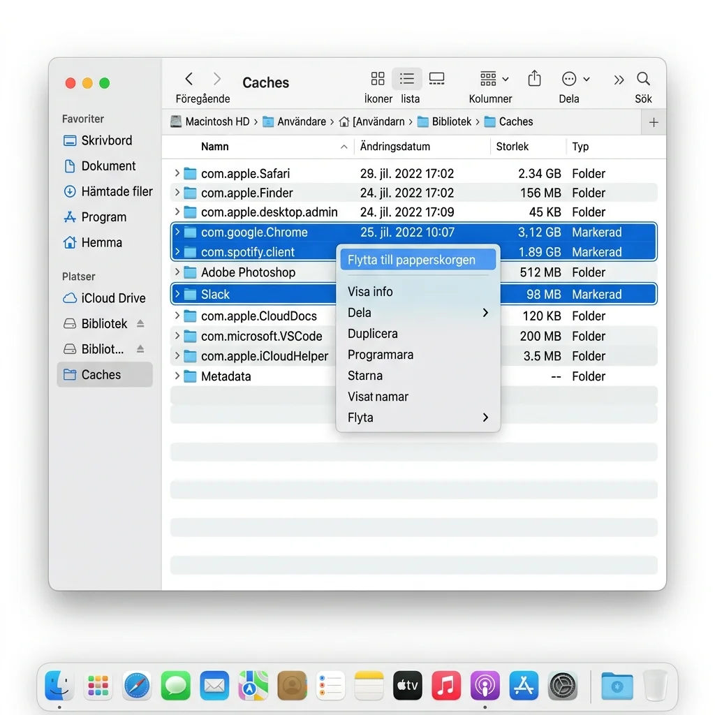 Finder-fönster som visar Cache-mappen med undermappar som kan rensas för att frigöra utrymme