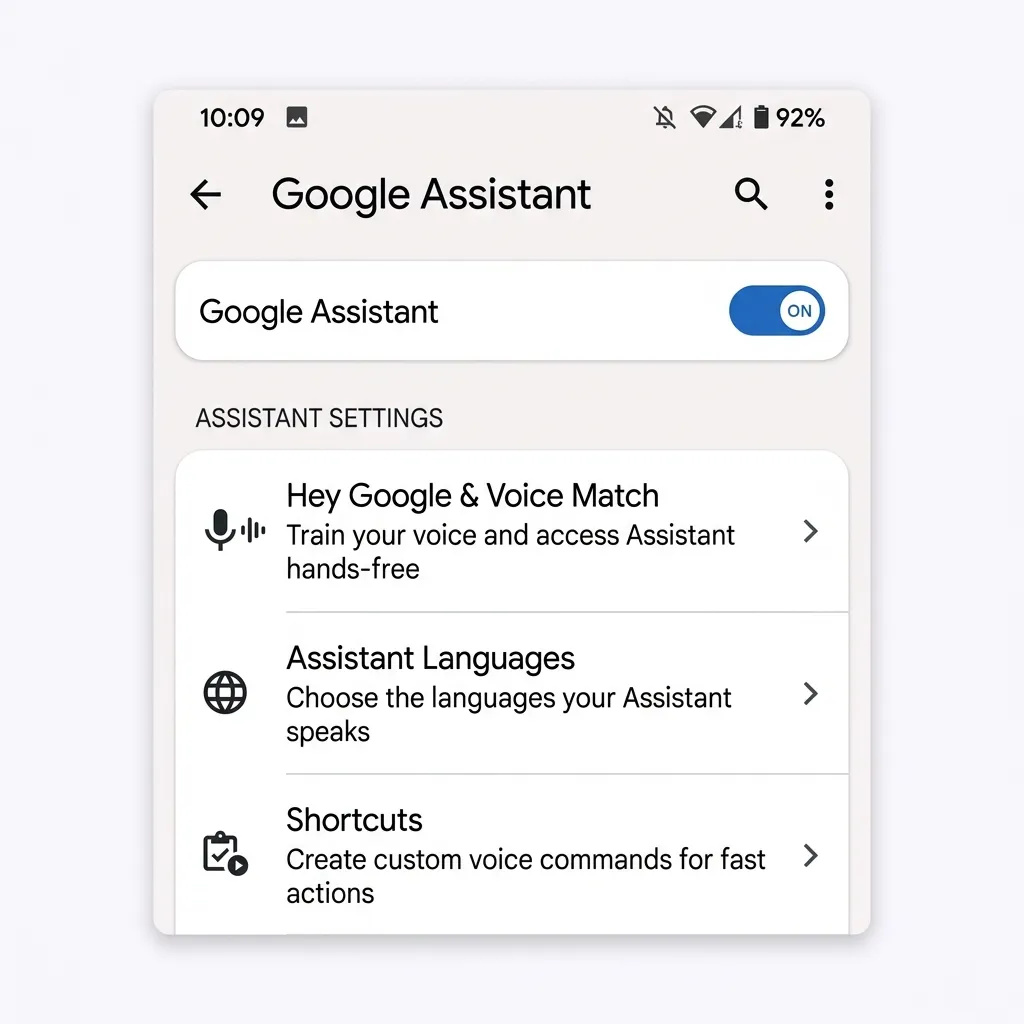 Google Assistant-inställningar på Android med röstmodellsträning och Hey Google-aktivering synlig