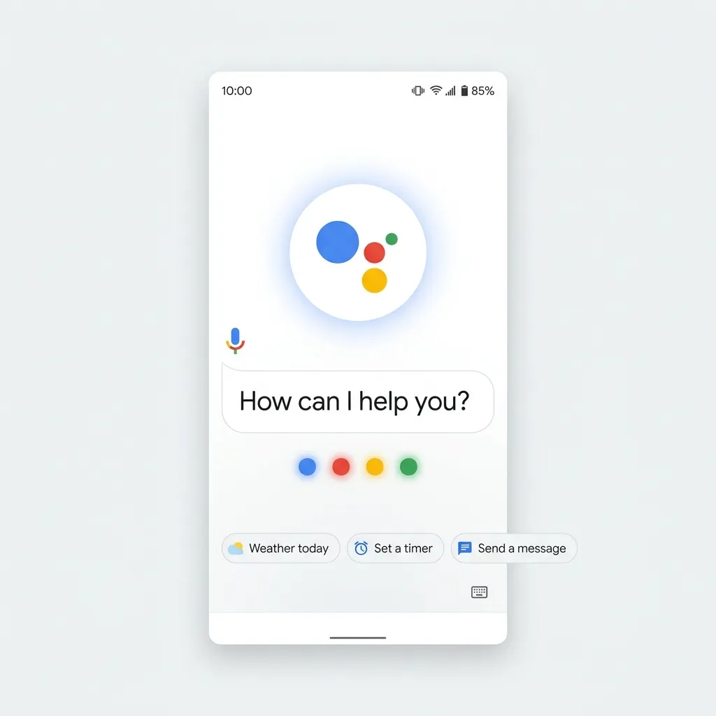 Google Assistant-gränssnitt med färgade ikoner och aktiv röstvåg under en pågående röstfråga