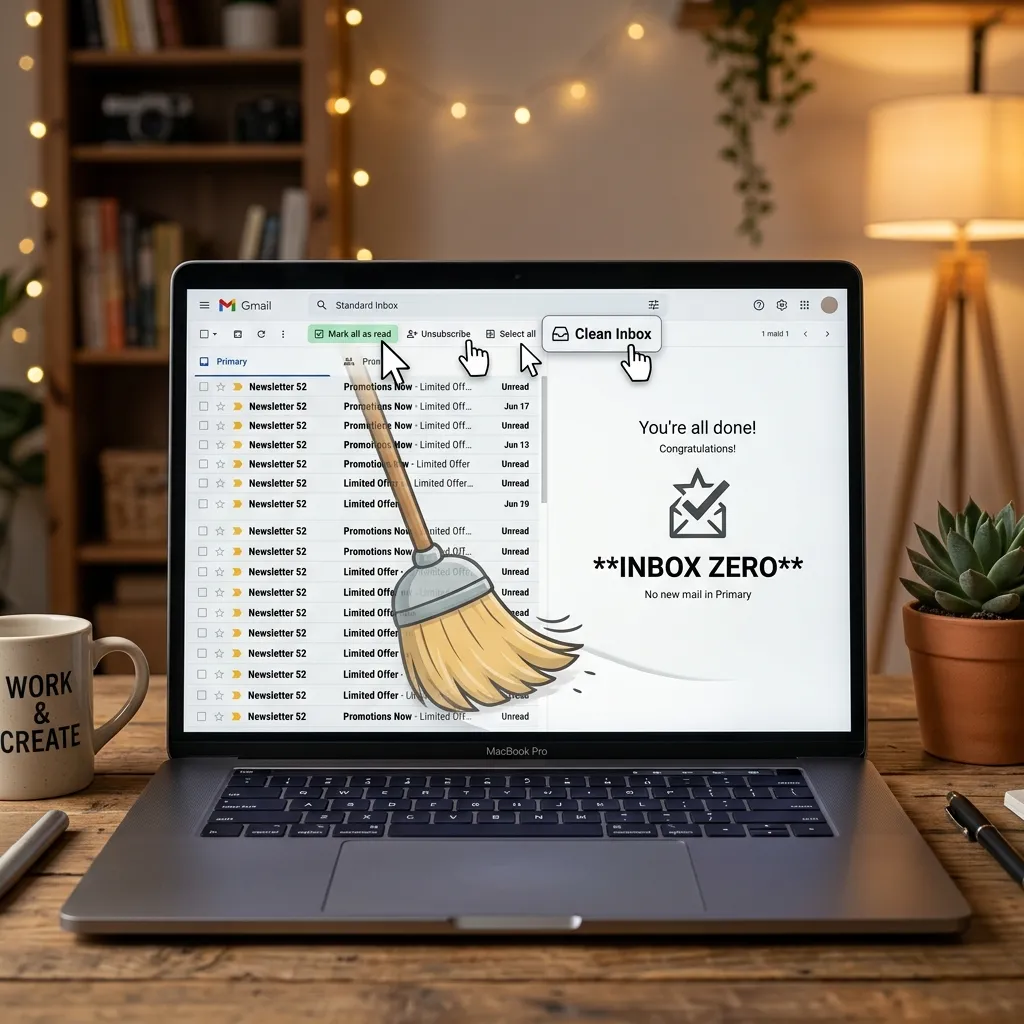 En organiserad digital inkorg med rena mappar och etiketter som symboliserar e-posthantering utan överbelastning