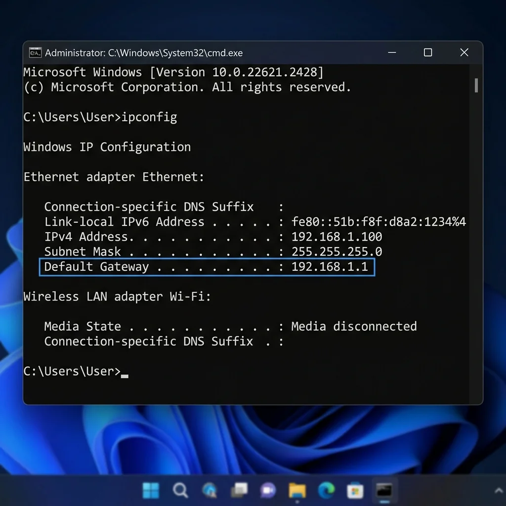 Windows Kommandotolken som visar sökresultatet för kommandot ipconfig med standard-gateway markerad