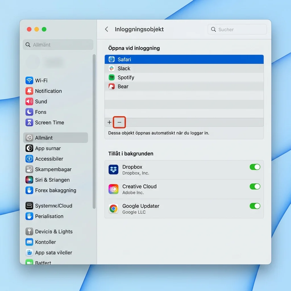 macOS Systeminställningar som visar fliken Inloggningsobjekt och program som startar automatiskt