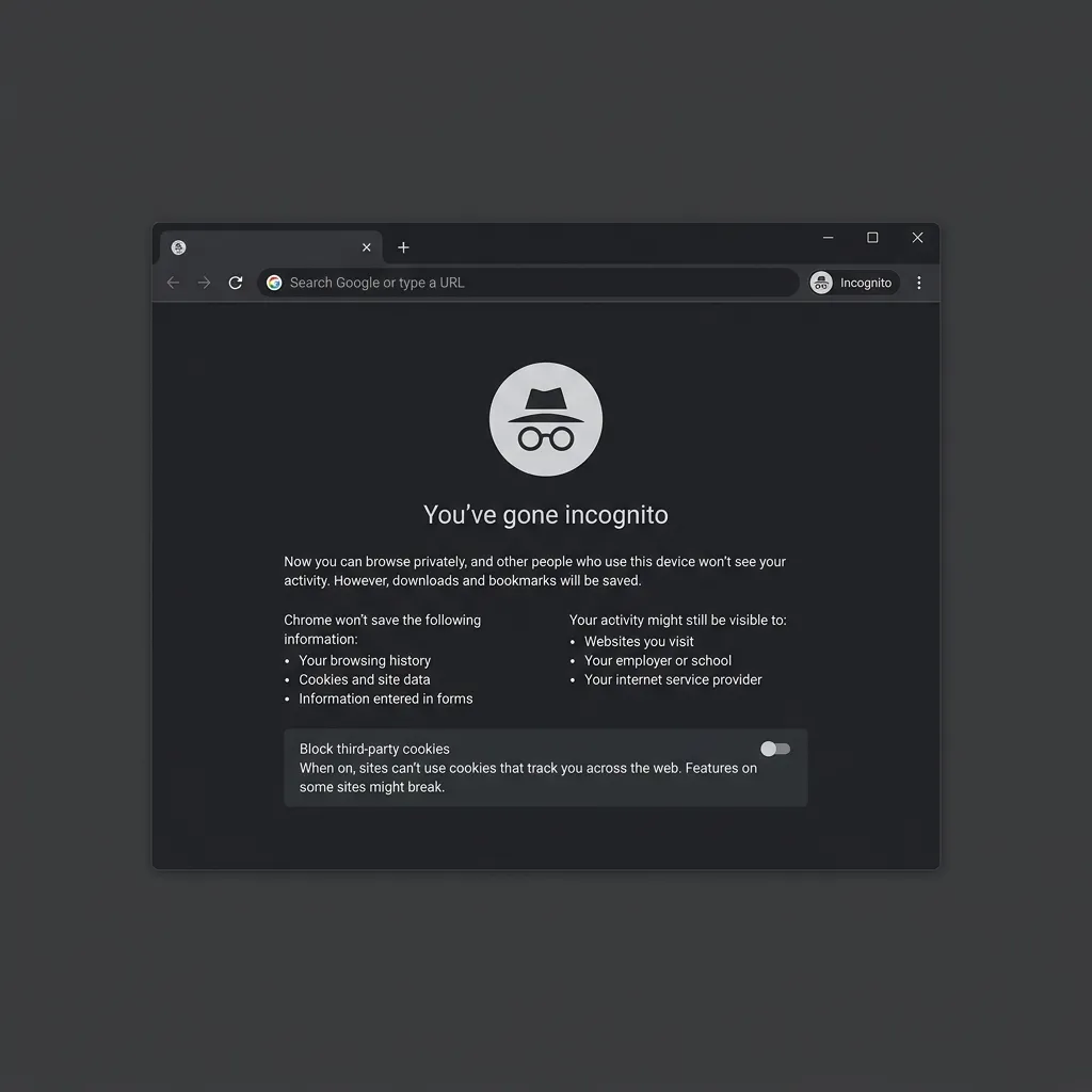 Ett Chrome-inkognitofönster med mörk bakgrund, spökikon och text som förklarar vad inkognitoläget gör och inte gör