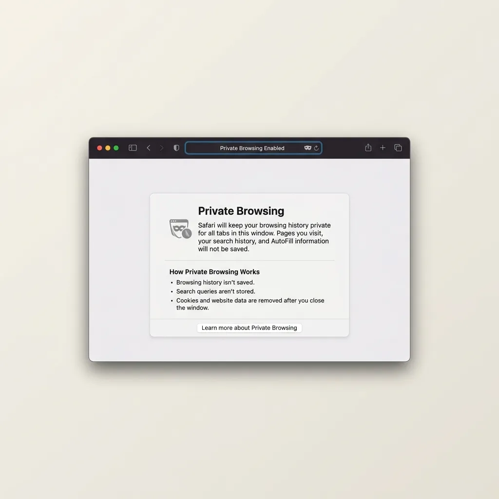 Ett Safari privat fönster på Mac med mörkt adressfält och en informationsruta som förklarar att privat surfning är aktiverat
