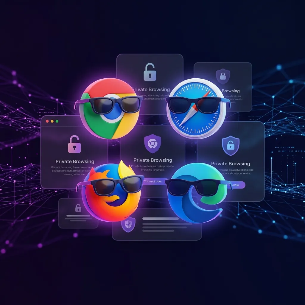 Fyra webbläsarfönster i inkognitoläge — Chrome, Safari, Firefox och Edge — med mörk färg och spökikoner