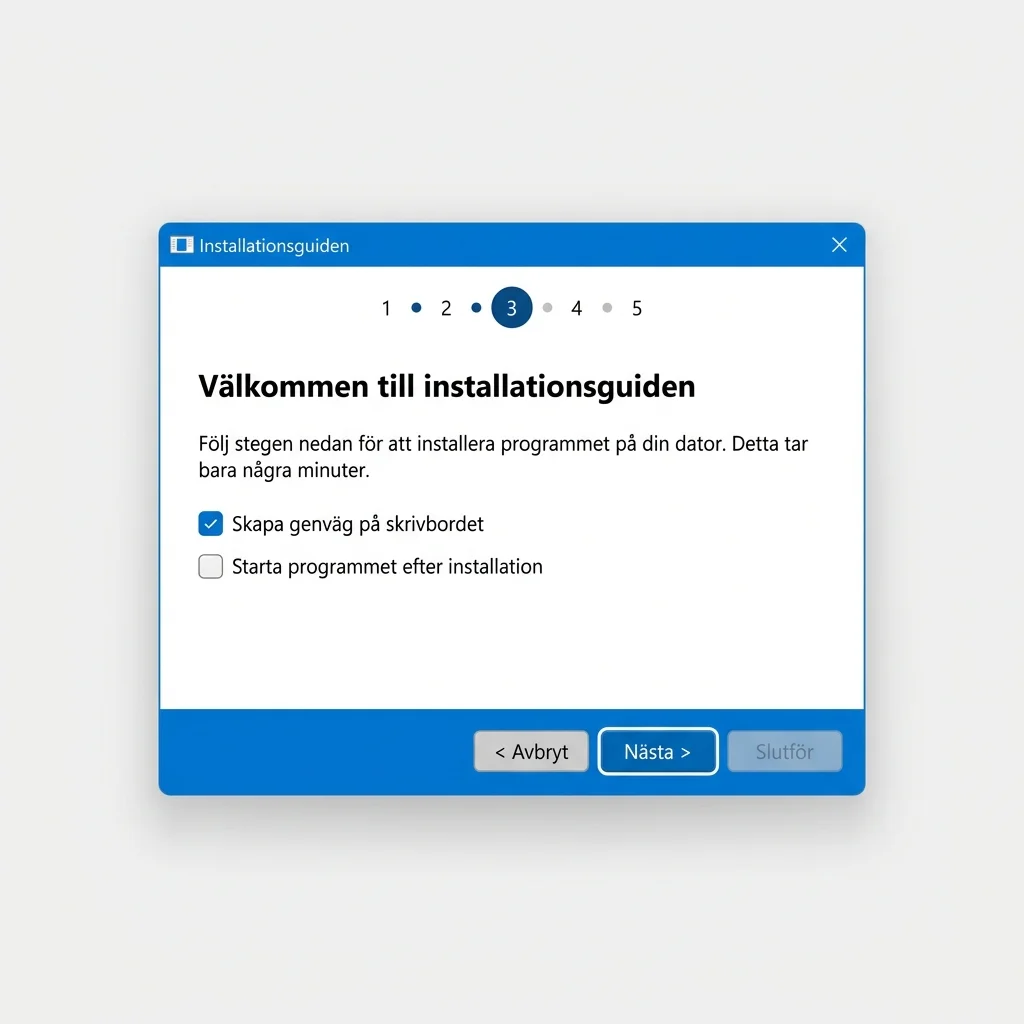 Installationsguide på Windows där knappen Installera är markerad och förloppsindikatorn visar installationens status