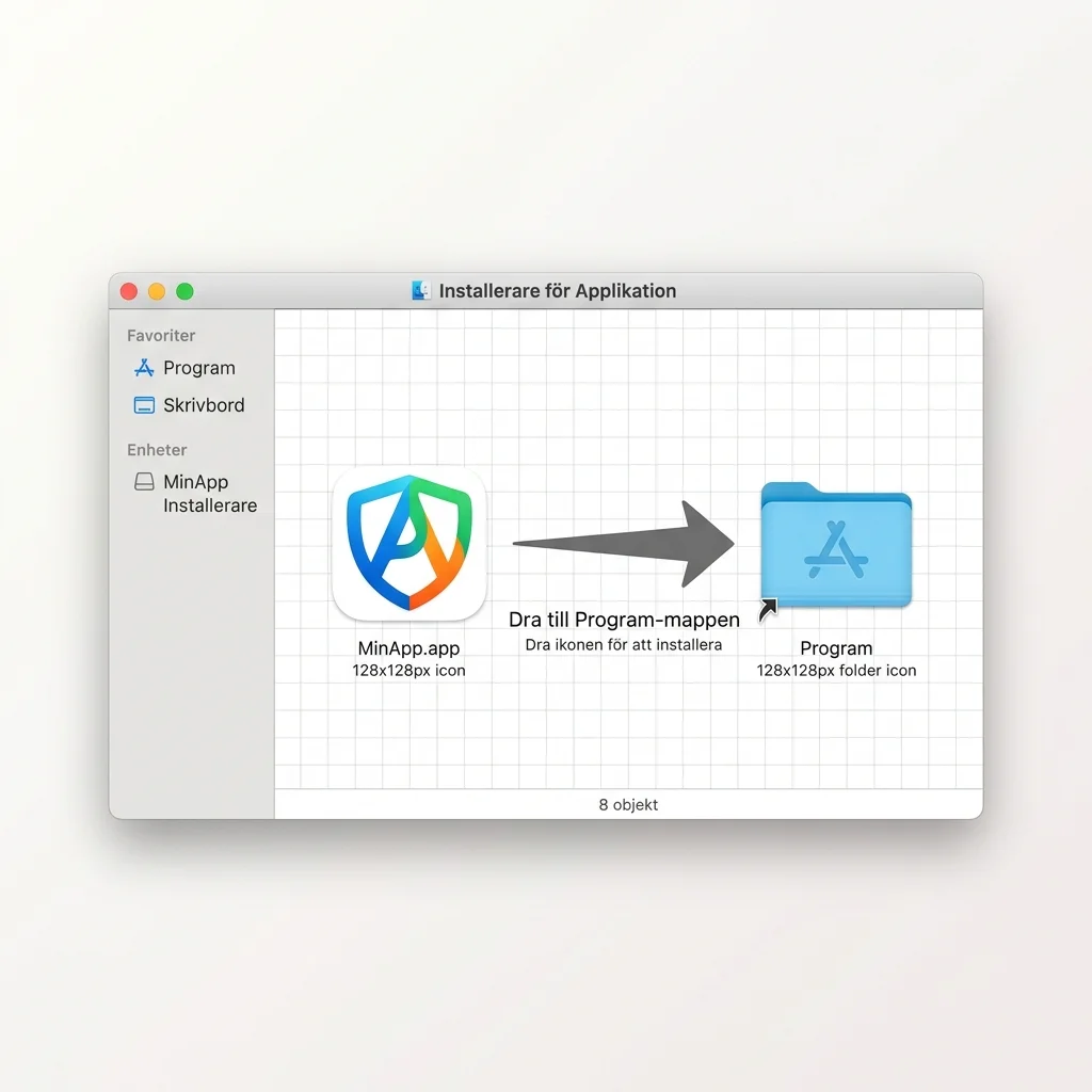 En öppnad dmg-fil på Mac som visar programikonen och mappen Program med en pil som indikerar att du ska dra ikonen dit