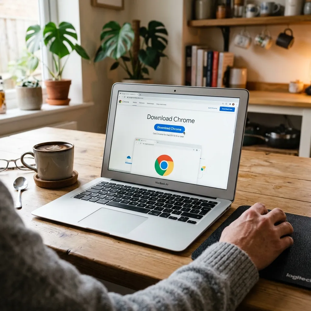 En laptop som visar Google Chromes nedladdningssida — en stor blå Ladda ner-knapp, muspekaren svävar över den
