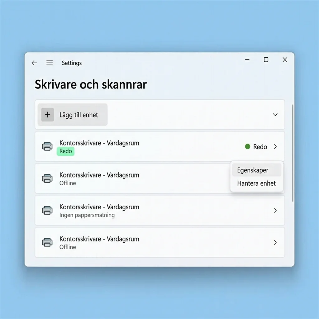 Skrivarinställningar i Windows som visar en installerad skrivare med statusen Klar redo för utskrift