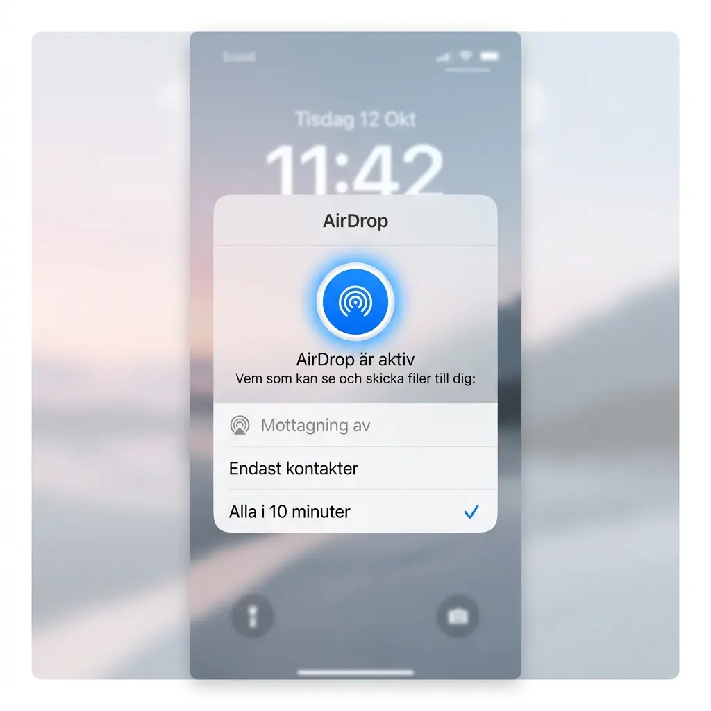 iOS AirDrop-inställningar i Kontrollcenter med alternativen Endast kontakter och Alla i 10 minuter