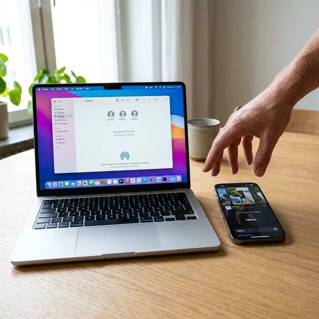 iPhone och MacBook på träbord — iPhone visar AirDrop Väntar, MacBook utan enheter, hand sträcker sig mot telefonen