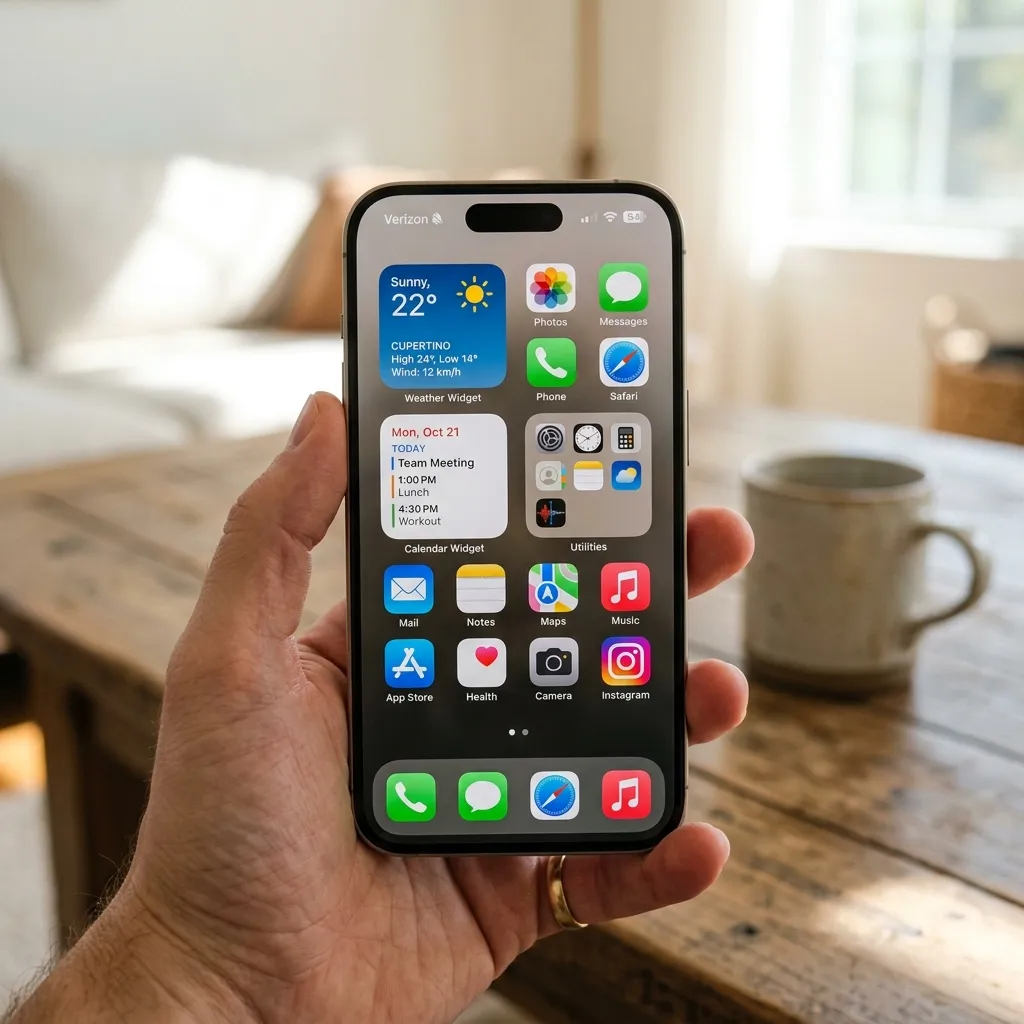 En iPhone i en hand som visar en anpassad hemskärm med färgglada widgetar och app-mappar