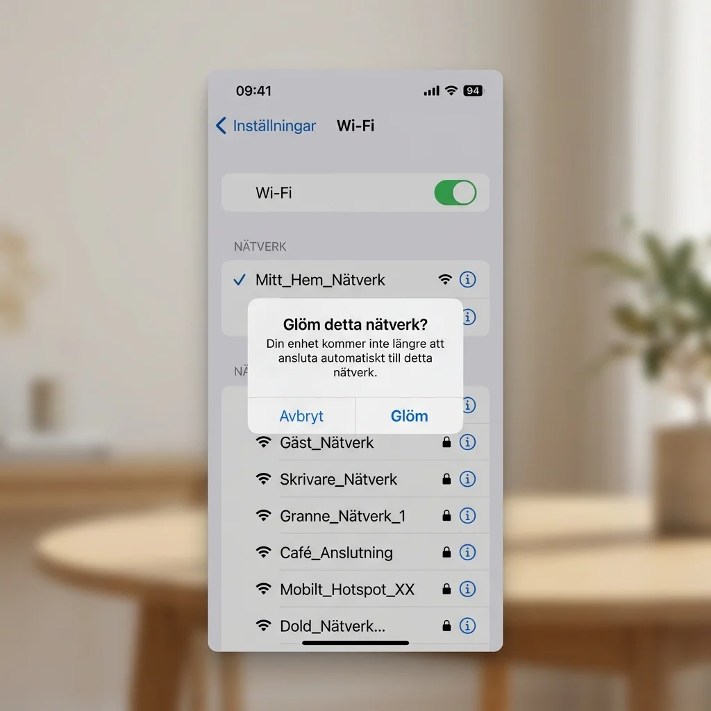 iPhone Wi-Fi-inställningar med dialogrutan Glöm det här nätverket för att återställa anslutningen