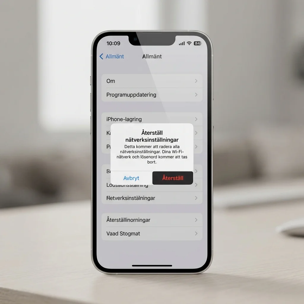 iPhone-inställningar som visar alternativet Återställ nätverksinställningar med bekräftelsedialog