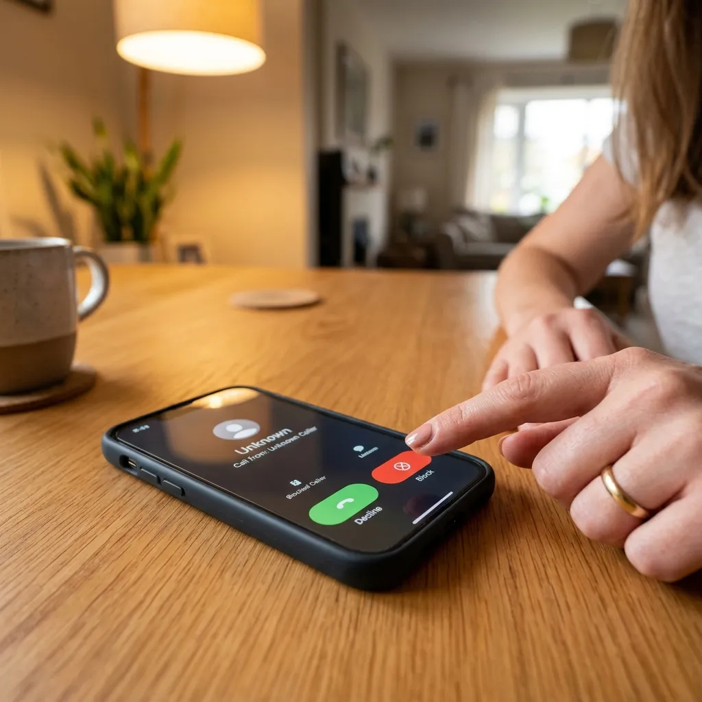 En iPhone som visar ett inkommande samtal från Okänt nummer — en röd Blockera-knapp syns