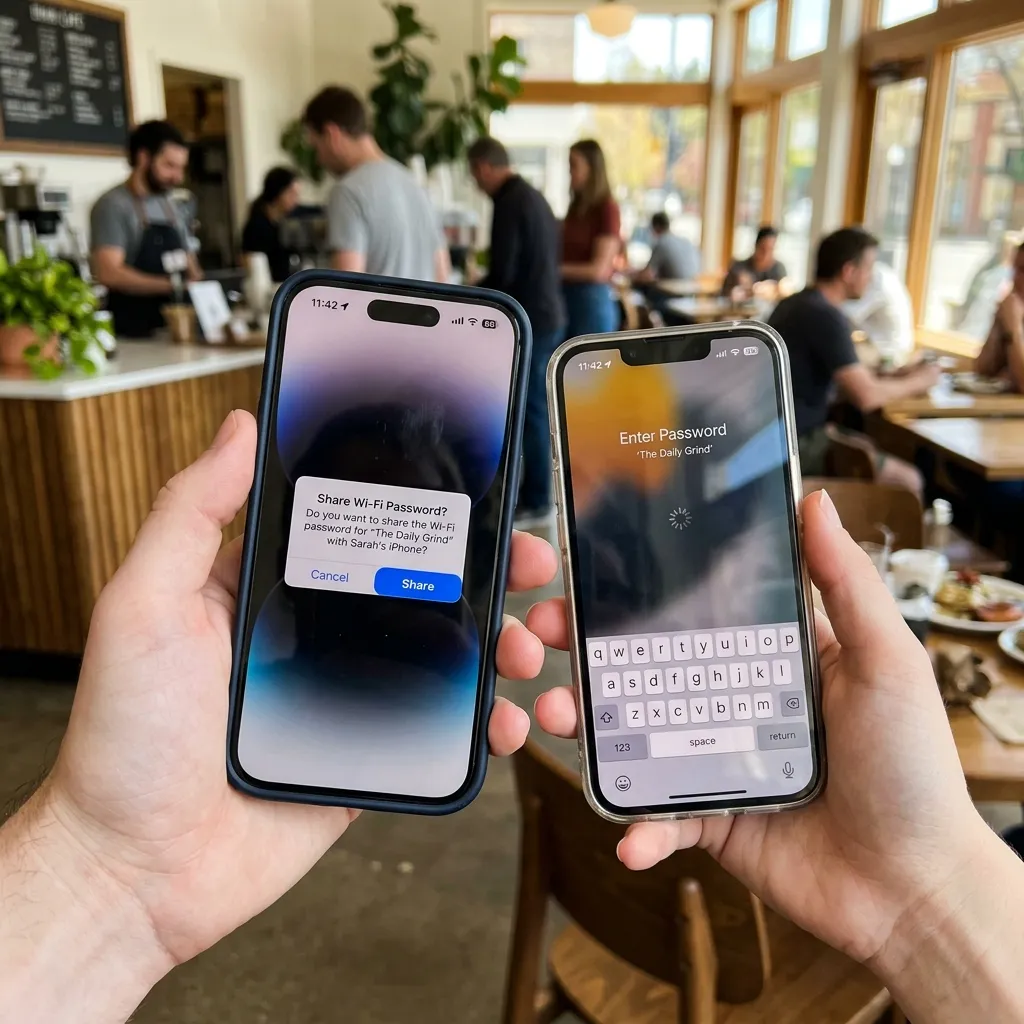 Två iPhones som hålls nära varandra — en popup frågar Share Wi-Fi Password på den ena skärmen