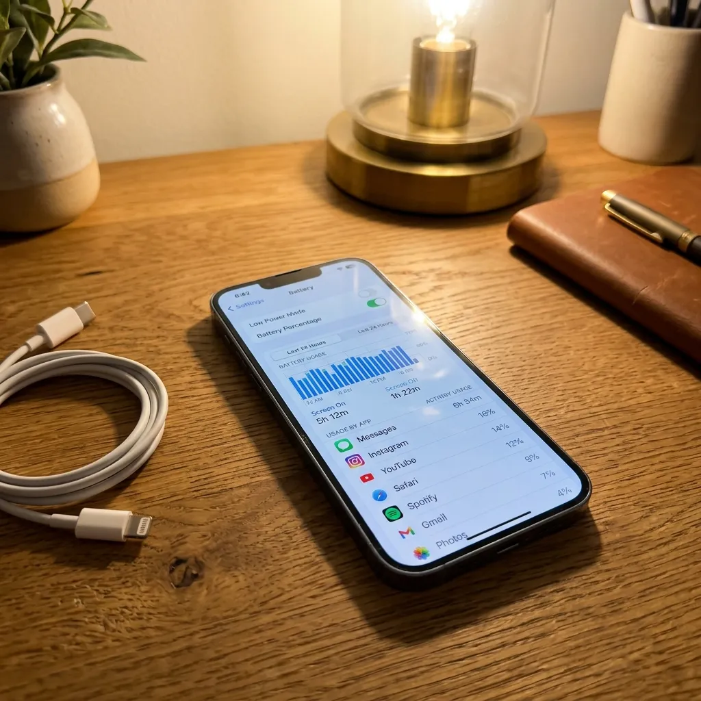 En iPhone på ett skrivbord som visar Batteri-inställningar med diagram och appar sorterade efter batteriförbrukning