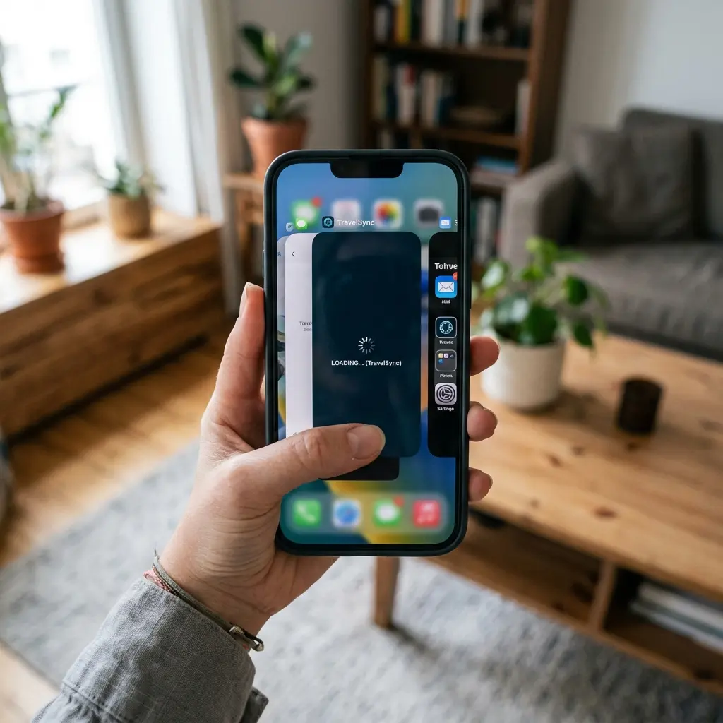 En iPhone i en hand som visar appväxlaren — en app har frusit med laddningsikon, tummen ska svepa bort den